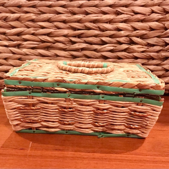 Vintage-1960s Wicker Sewing Basket, wood bottom, satiny fabric inside, Japan - Picture 1 of 5